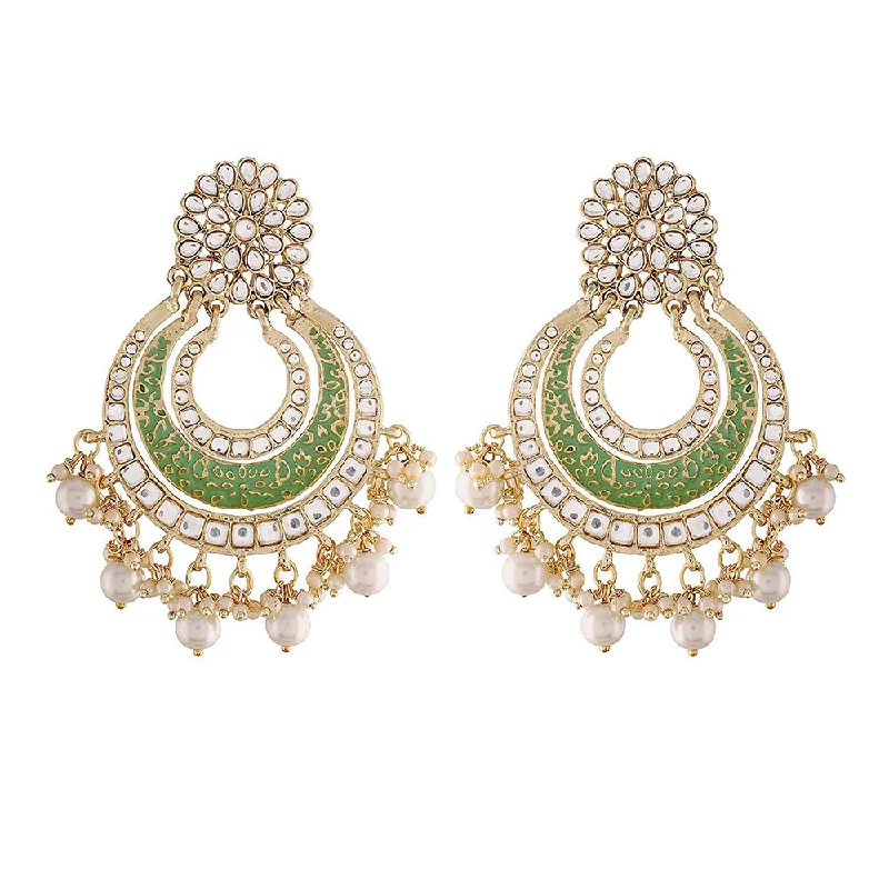 women’s floral earrings-Etnico 18k Gold Plated Enamel/Meenakari Big Chandbali Earrings Glided With Kundan & Pearl for Women (E2860Min)