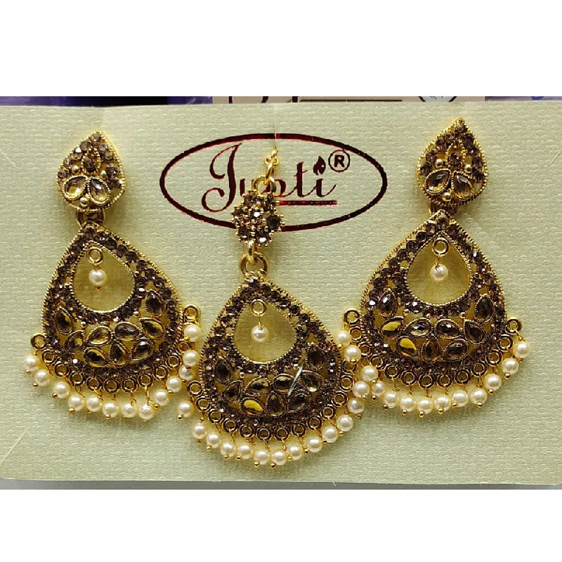 women’s fashion earrings-Tip Top Jewellers Gold Plated Austrian Stone And Pearl Earrings With Mangtikka