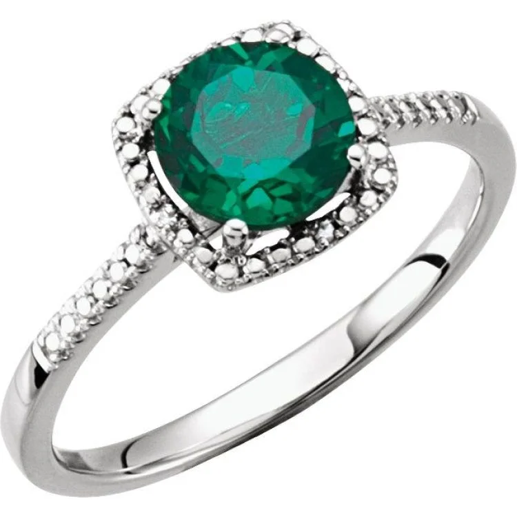 women’s alternative engagement rings-Sterling Silver Lab-Grown Emerald & .01 CTW Natural Diamond Ring