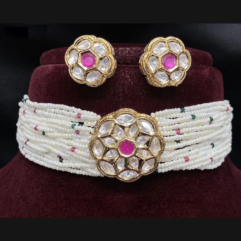 women’s minimalist necklaces-Royal Kundan Jewellery Gold Plated Crystal Stone And Pearls Choker Necklace Set