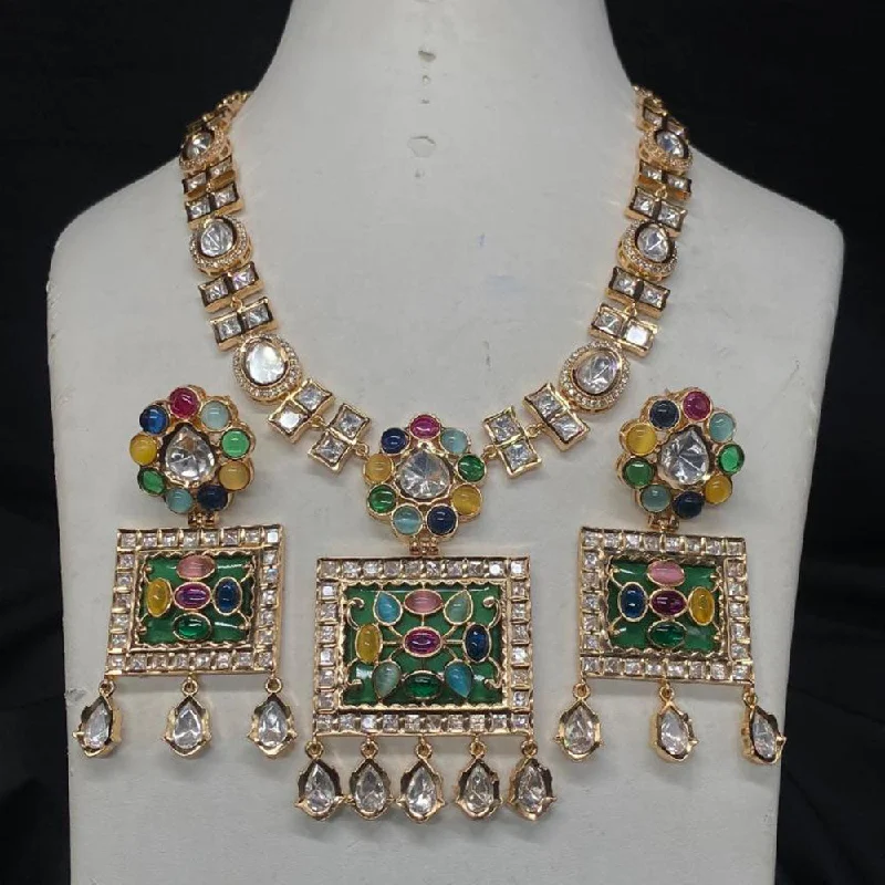 women’s diamond necklaces-Amoliya Jewels Gold Plated Polki Kundan Stone Necklace Set