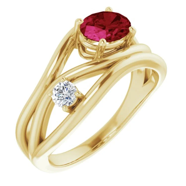 women’s unique engagement rings-14K Yellow Lab-Grown Ruby & 1/10 CTW Natural Diamond Ring