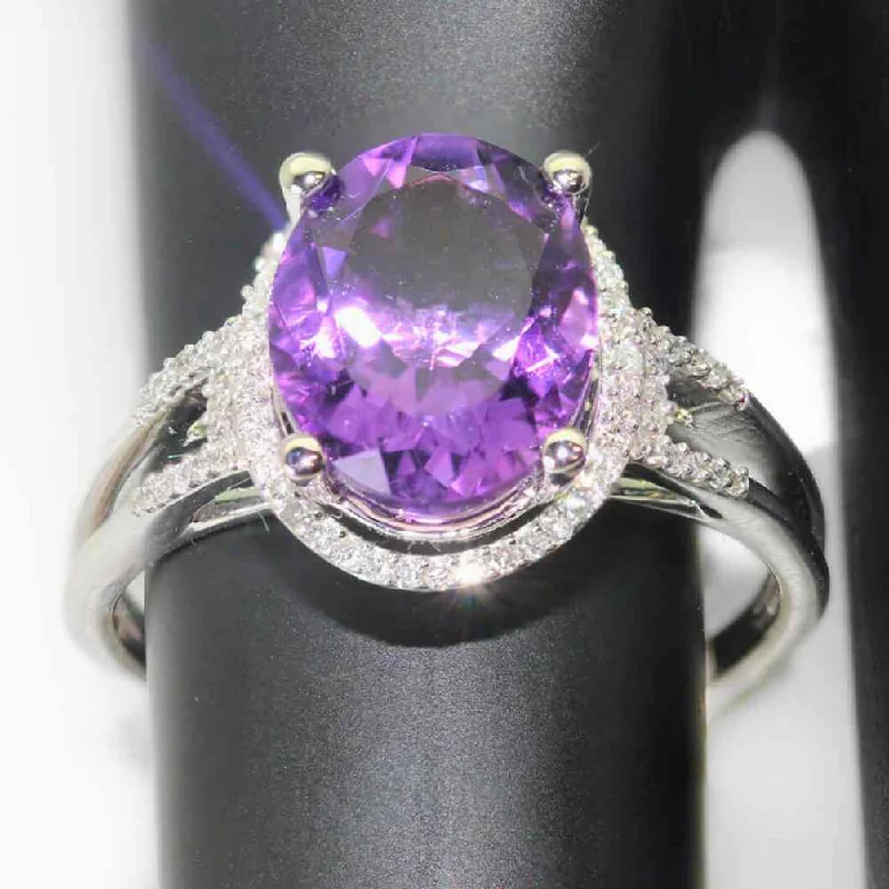 women’s affordable diamond engagement rings-14K White Gold 3.2G Amethyst and Diamond Ring