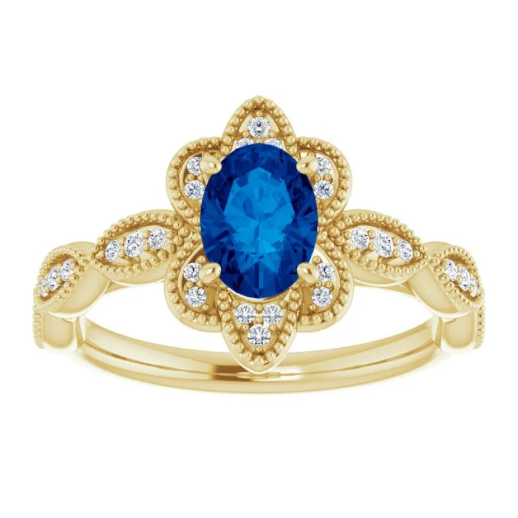 women’s yellow gold engagement rings-14K Yellow Lab-Grown Blue Sapphire & 1/8 CTW Natural Diamond Ring