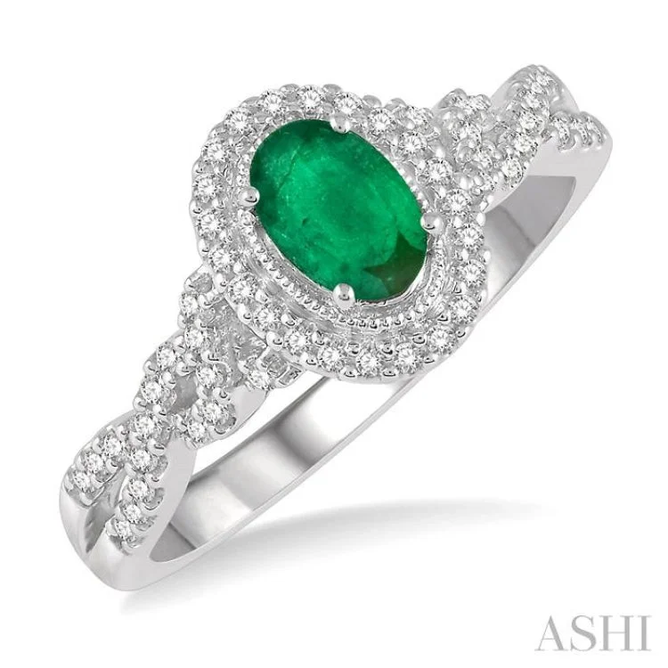 women’s birthstone rings-1/5 Ctw Oval Shape 6x4mm Emerald & Round Cut Diamond Precious Ring in 10K White Gold