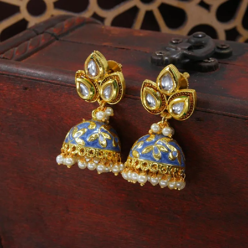 women’s crystal drop earrings-Etnico Gold Plated Meenakari Kundan & Pearl Drop Jhumka Earrings For Women (E2924Bl)