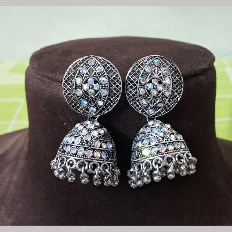 women’s silver earrings-H K Fashion Oxidised Plated Austrian Stone And Beads Jhumki Earrings