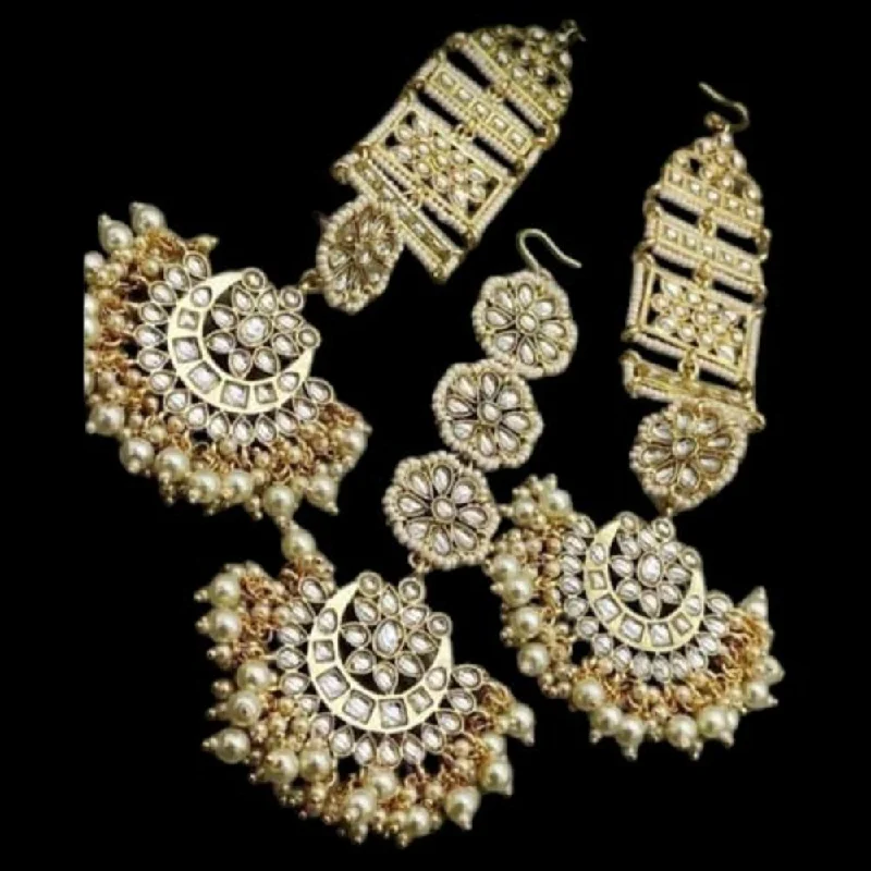 women’s everyday earrings-SNERA Gold Plated Kundan Stone And Beads Dangler Earrings With Maangtikka