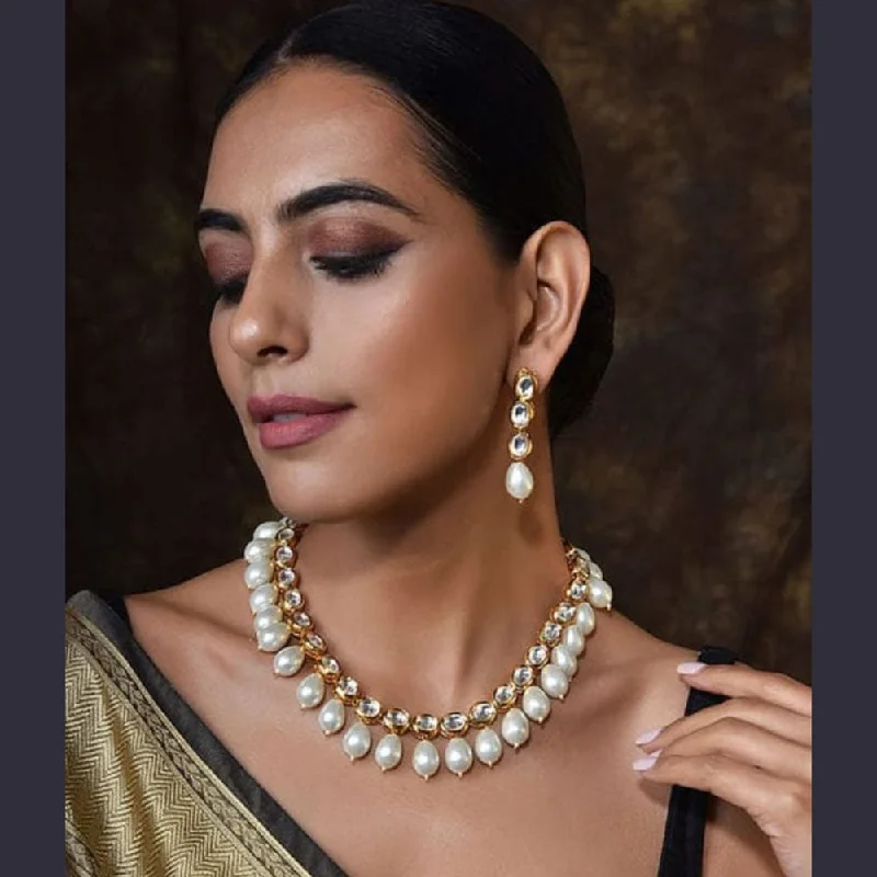 women’s anniversary necklaces-FS Collection Gold Plated Kundan Stone And Pearls Necklace Set