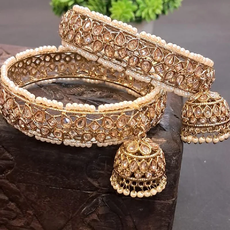 women’s simple bangles-Raddhi Jewels Premium Gold-Plated Kundan Pearl Set of 2 Brass Bangles with Hanging Jhumki