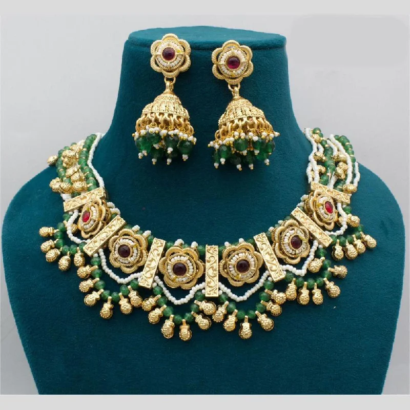 women’s fashion necklaces-JCM Gold Plated Pota Stone And Pearls Necklace Set