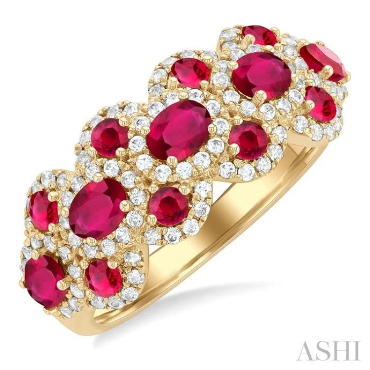 women’s matching rings-1/2 ctw Scalloped Edge 4X3MM Oval & 2.2MM Round Cut Ruby and Round Cut Diamond Precious Ring in 14K Yellow Gold