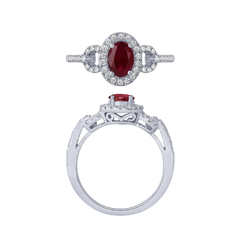 women’s matching wedding and engagement rings-14K White Gold Ruby And Diamond Ring Oval Ruby Center