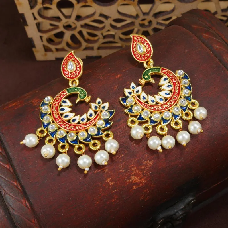 women’s moonstone earrings-Etnico Gold Plated Meenakari Kundan Studded Peacock Design Dangle Earrings For Women (E2919Bl)