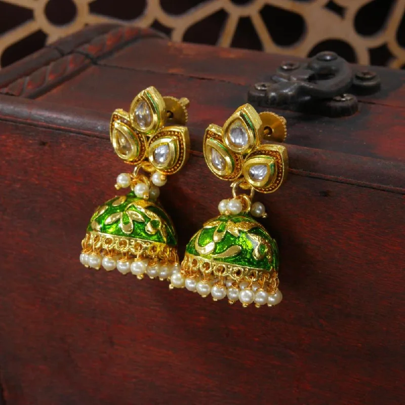 women’s gold dangly earrings-Etnico Gold Plated Meenakari Kundan & Pearl Drop Jhumka Earrings For Women (E2924G)