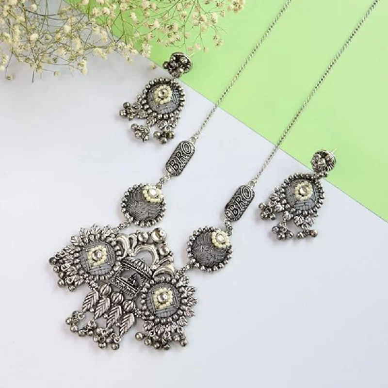 women’s custom necklaces-Etnico Navratri Ethnic German Silver Oxidised Jewellery Antique Long Necklace Set with Earrings for Women & Girls(MC096OX)