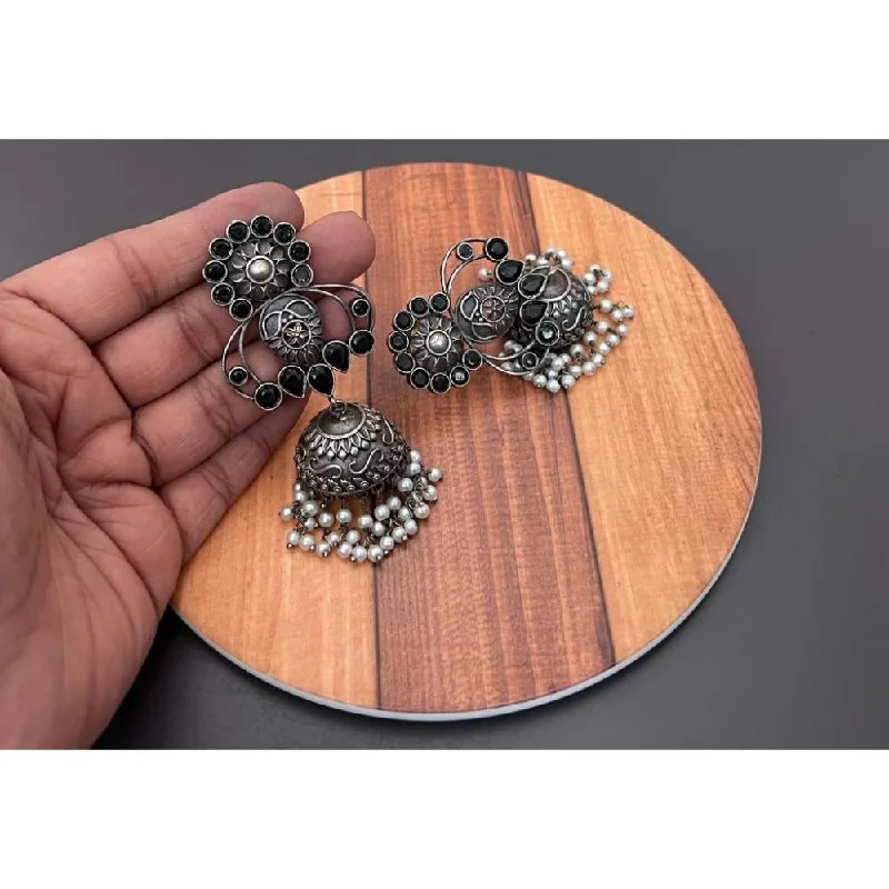 women’s geometric stud earrings-Akruti Collection Oxidised Plated Pota Stone Jhumki Earrings