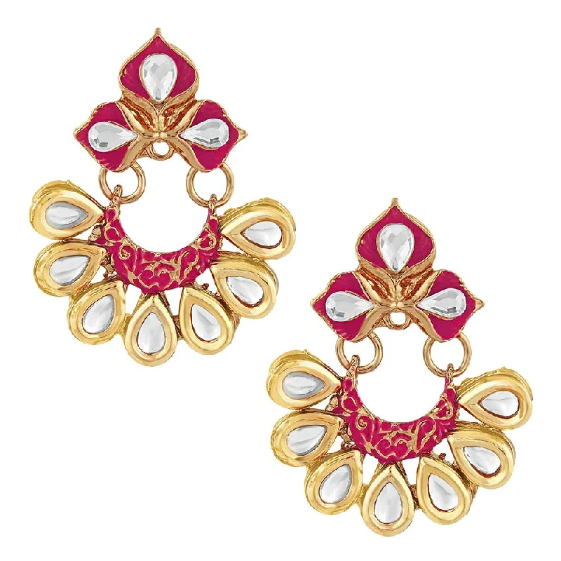 women’s luxury diamond earrings-Mahi Traditional Floral Chandbali Kundan and Red Meenakariwork Earrings for Women (ER1109679G)