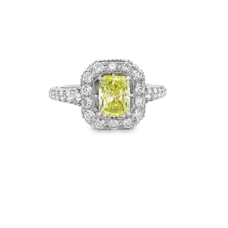 women’s emerald engagement rings-Fancy Yellow 1.02 ct. Cushion Cut Diamond Ring in Platinum