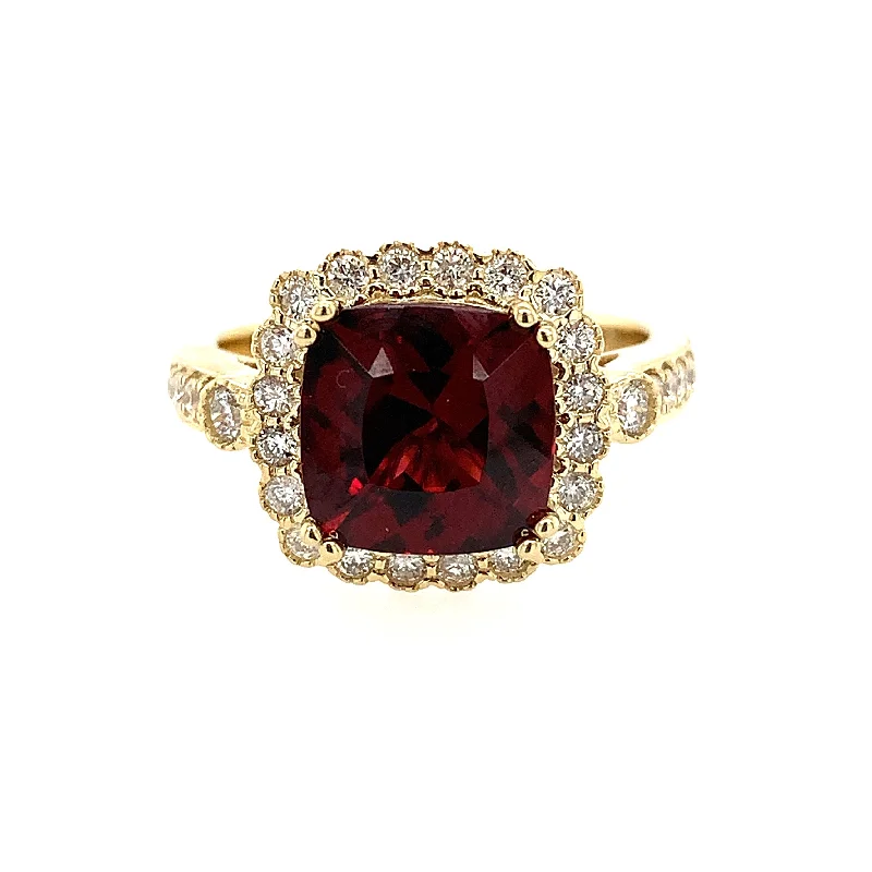 women’s vintage style engagement rings-Garnet and Diamond Ring in Yellow Gold