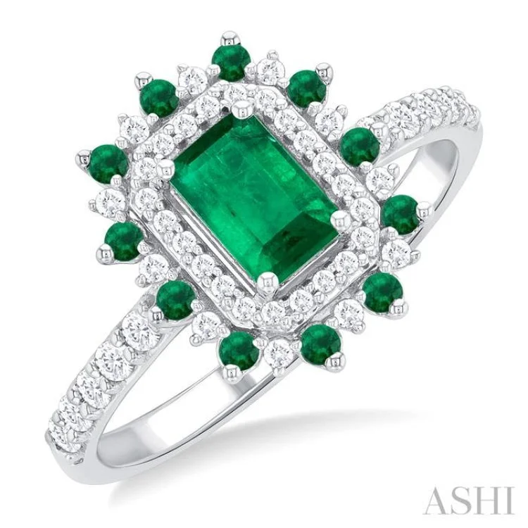 women’s elegant rings-1/3 ctw Floral 6X4MM Emerald & 1.5MM Round Cut Ruby and Round Cut Diamond Precious Ring in 14K White Gold