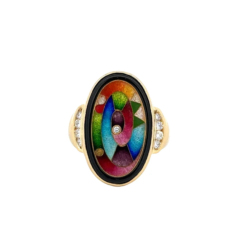 women’s round cut engagement rings-Vintage Designer Enameled Cloisonne Diamond Ring in 18k Gold