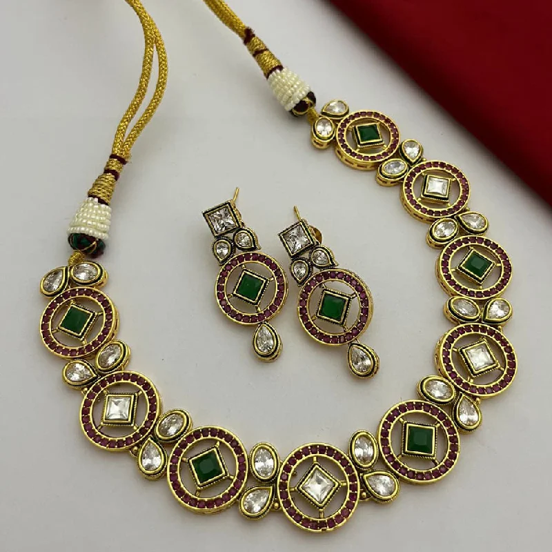 women’s fashion pendant necklaces-FS Collection Gold Plated Kundan Stone Necklace Set