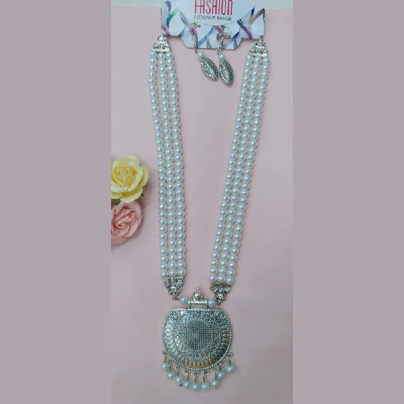 women’s gold-plated charm necklaces-Manisha Jewellery Oxidised Plated Pearl Long Necklace Set