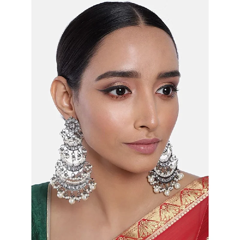 women’s party earrings-Etnico 18k Silver Oxidised 3 Layered Chandbali Earrings with Kundan and Pearl Work for Women (E2859OX)