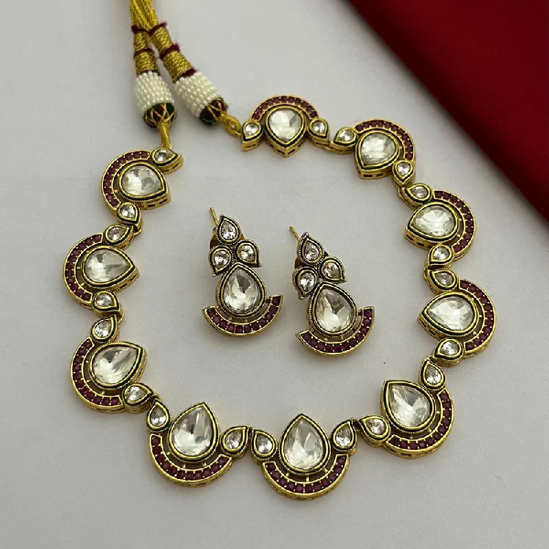 women’s luxury necklaces-FS Collection Gold Plated Kundan Stone Necklace Set