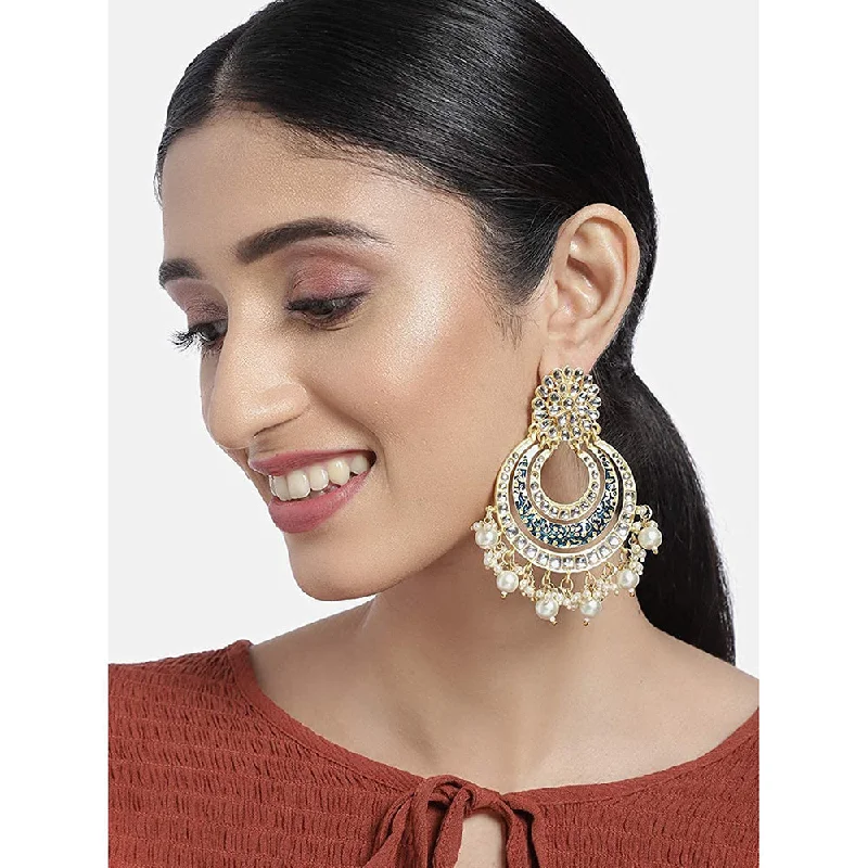 women’s gold dangly earrings-Etnico 18k Gold Plated Enamel/Meenakari Big Chandbali Earrings Glided With Kundan & Pearl for Women (E2860BL)