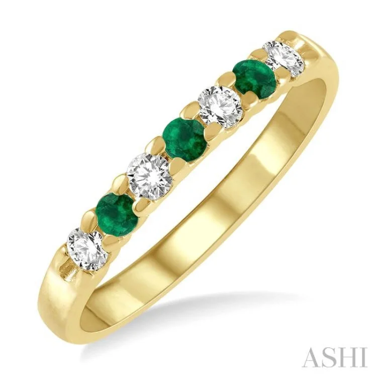 women’s stacking rings-1/5 ctw Round Cut Diamond and 2.3MM Emerald Precious Wedding Band in 14K Yellow Gold