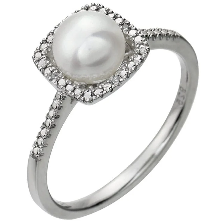 women’s platinum diamond engagement rings-Sterling Silver Cultured White Freshwater Pearl & .01 CTW Natural Diamond Ring