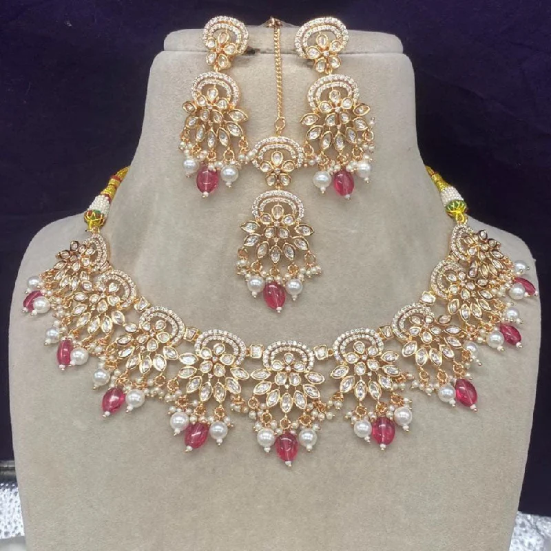 women’s gold-plated charm necklaces-Amoliya Jewels Gold Plated Polki Kundan Stone And Pearls Necklace Set