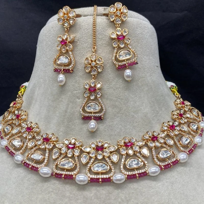 women’s love knot necklaces-Amoliya Jewels Gold Plated Polki Kundan Stone And Pearls Choker Necklace Set