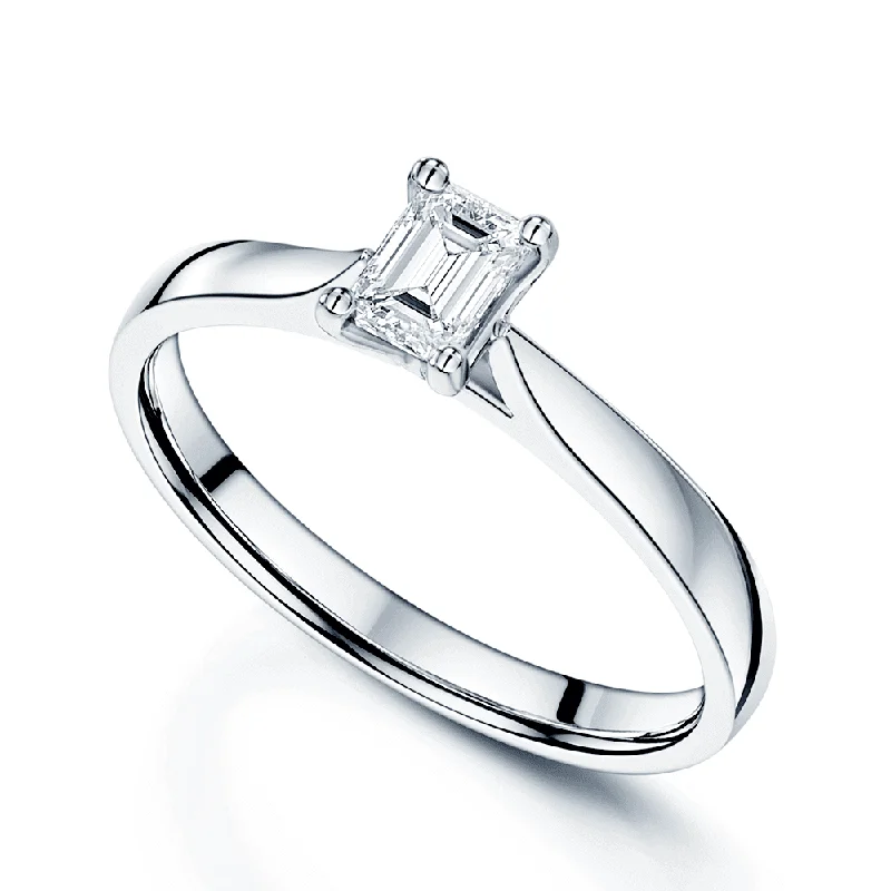 women’s affordable platinum engagement rings-Platinum GIA Certificated 0.33 Carat Emerald Cut Single Stone Diamond Ring With A Four Claw Setting