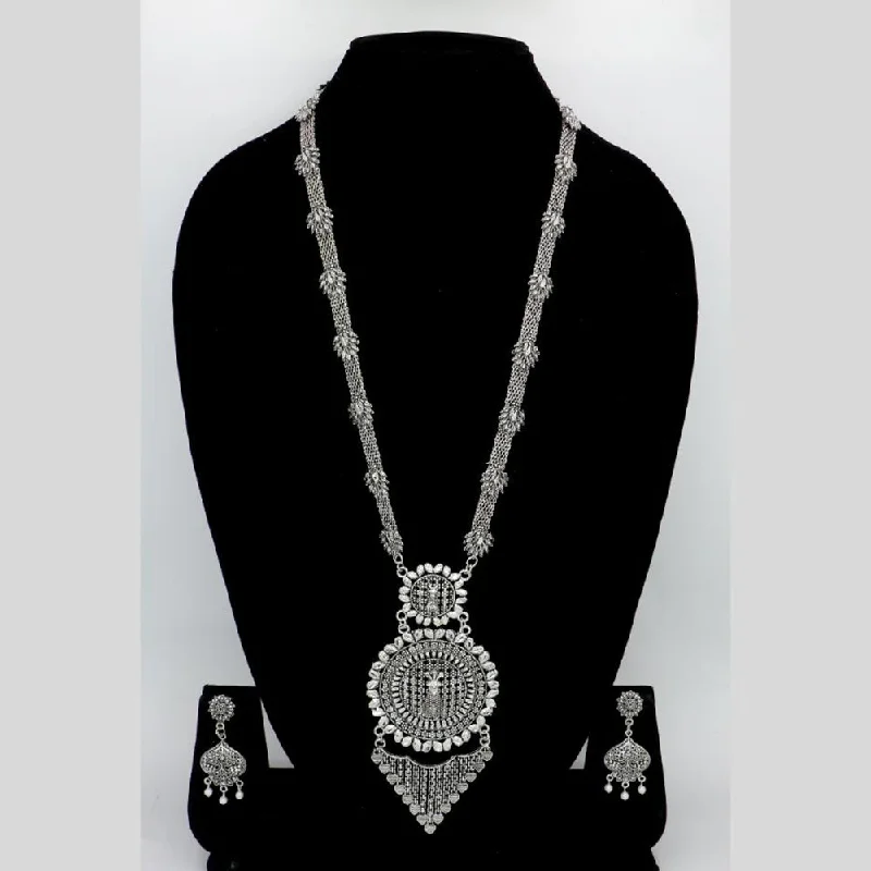 women’s gold charm necklaces-Mahavir Oxidised Plated Long Necklace Set