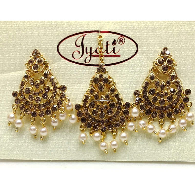 women’s large earrings-Tip Top Jewellers Gold Plated Austrian Stone And Pearl Earrings With Mangtikka