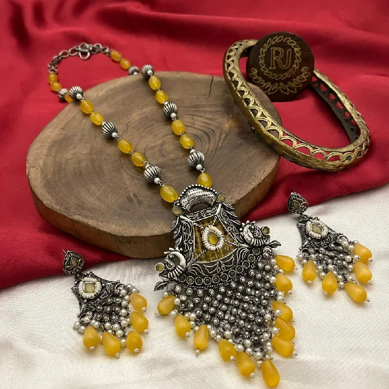 women’s silver pendant necklaces-FS Collection Oxidised Plated Pota Stone And Beads Necklace Set