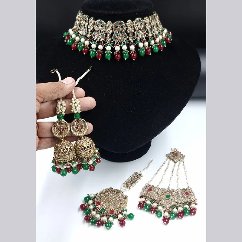 women’s bridal necklaces-JCM Gold Plated  Kundan Stone And Pearls Choker Necklace Set