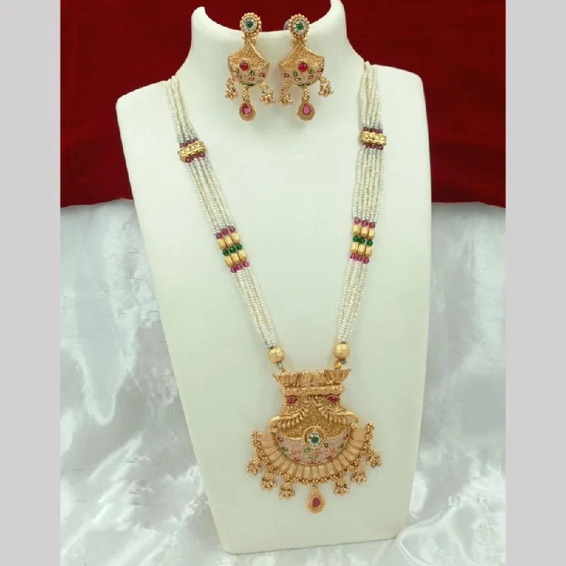 women’s pendant necklaces-FS Collection Gold Plated Pearl Long Necklace Set