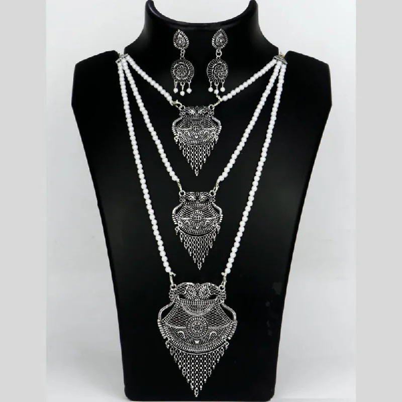 women’s long chain necklaces-Mahavir Oxidised Plated Long Pearls Necklace Set