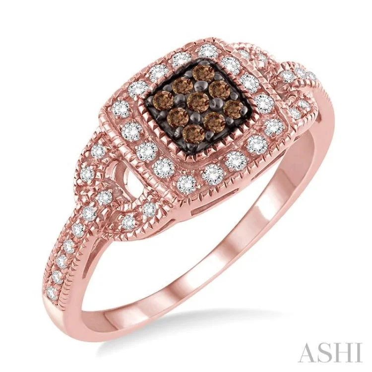 women’s forever engagement rings-1/3 Ctw Round Cut White and Champagne Brown Diamond Ring in 10K Rose Gold