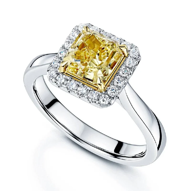 women’s unique wedding engagement rings-Platinum Natural Yellow Cushion Shape Diamond Ring With A Diamond Cluster Surround