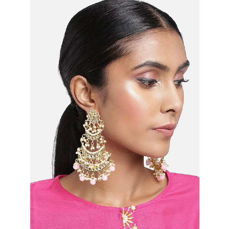 women’s sparkling earrings-Etnico 18k Gold Plated 3 Layered Beaded Chandbali Earrings with Kundan and Pearl Work for Women (E2859-1) (Pink)