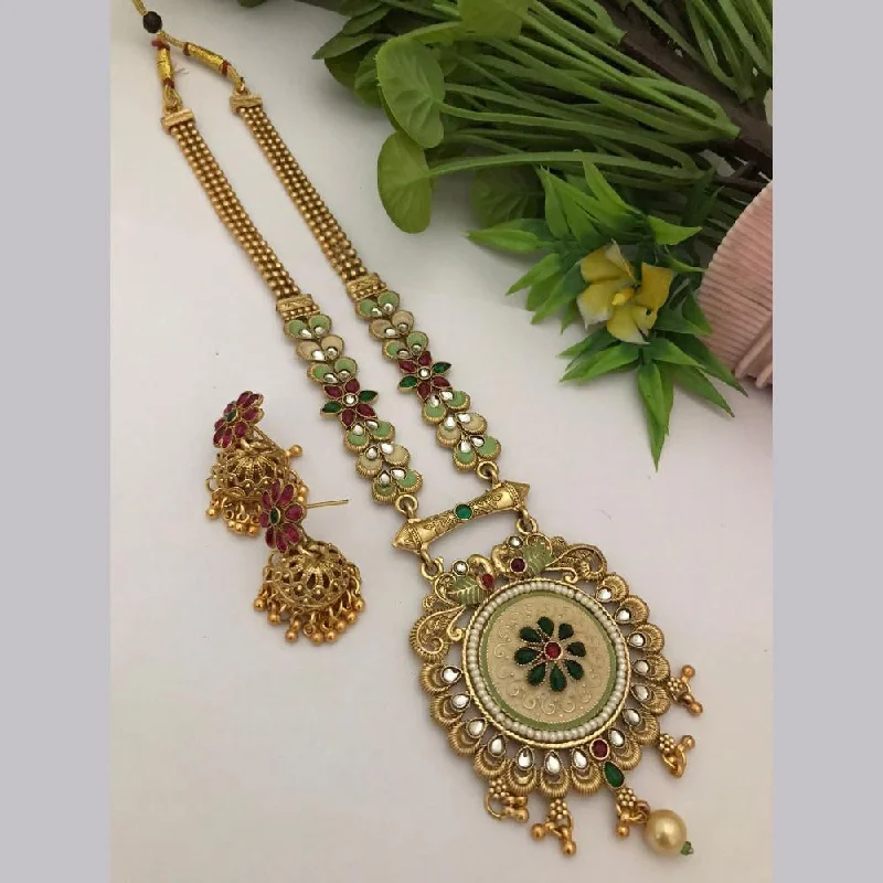 women’s love knot necklaces-FS Collection Gold Plated Kundan Stone Long Necklace Set