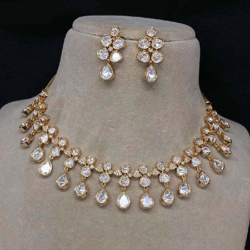 women’s double chain necklaces-Amoliya Jewels Gold Plated Polki Kundan Stone Necklace Set