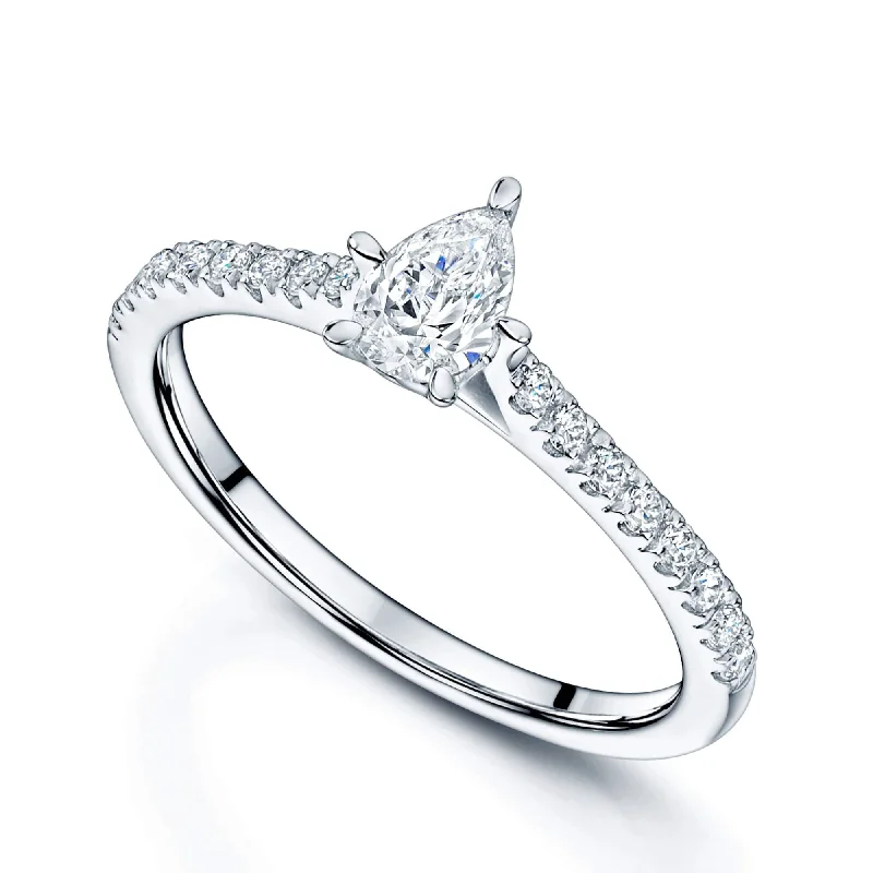 women’s diamond engagement rings-Platinum GIA Pear Cut Diamond Ring with Diamond Set Shoulders