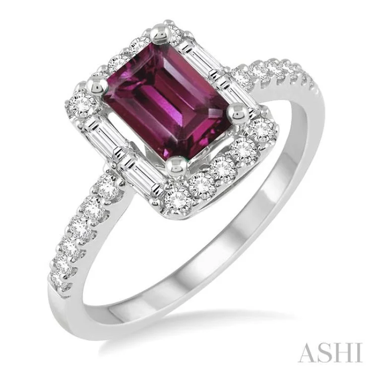 women’s diamond solitaire engagement rings-7x5 MM Emerald Cut Rhodolite Garnet and 1/2 Ctw Diamond Ring in 14K White Gold