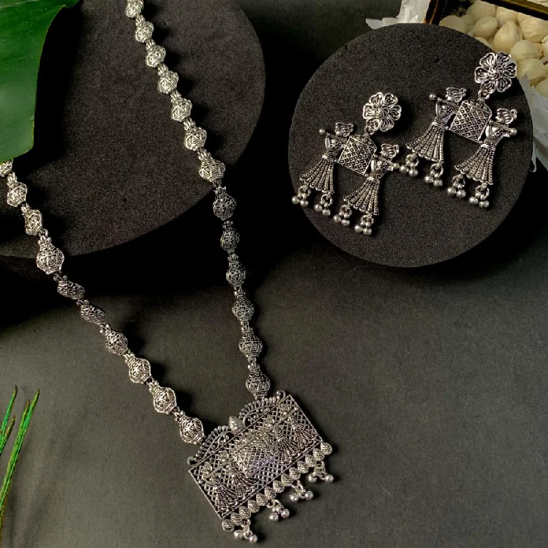 women’s sterling silver necklaces-Etnico Ethnic Silver Oxidised Long Necklace Jewellery With Drop Earrings Set For Women/Girls (MC170OX)